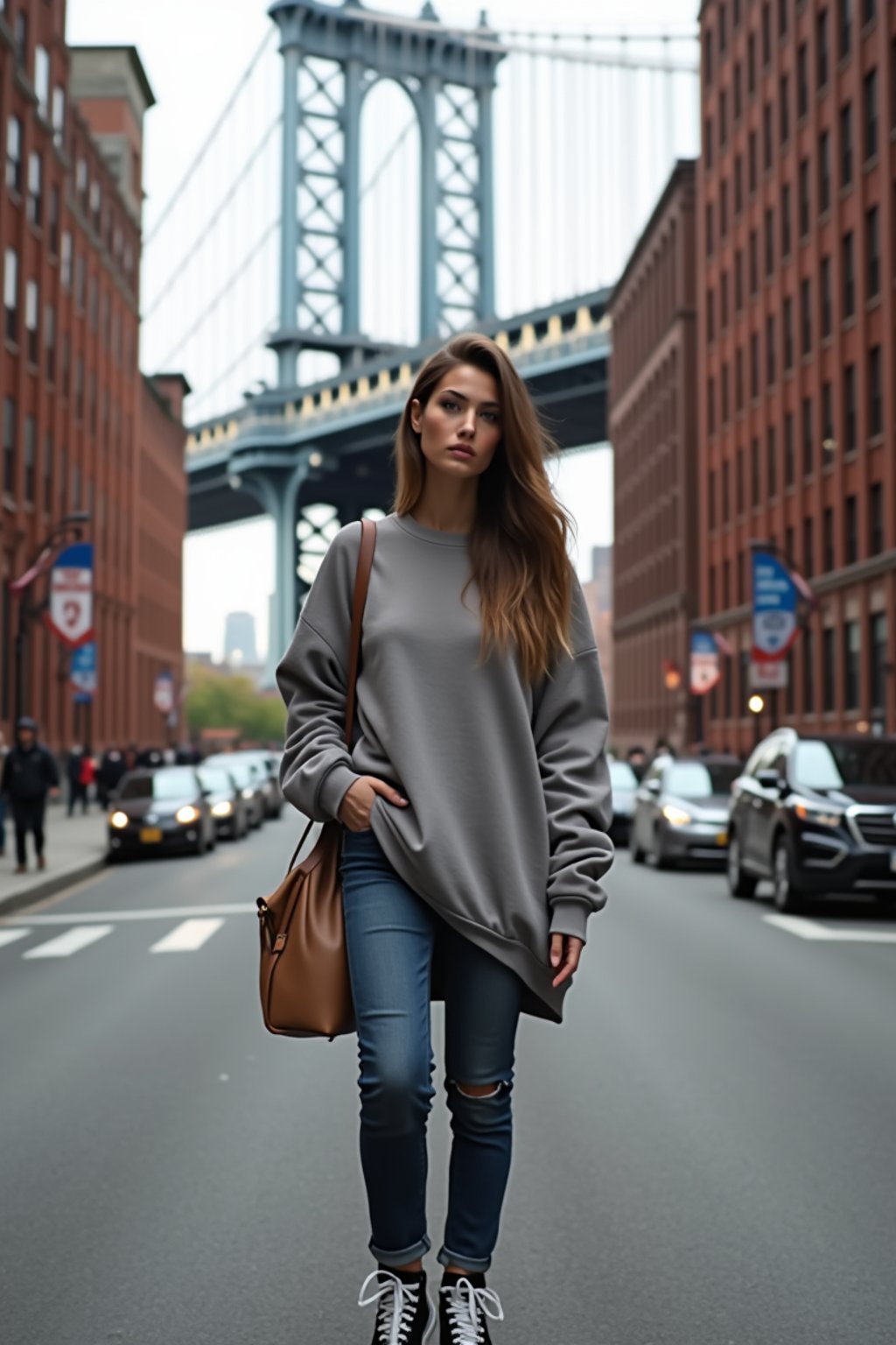 stylish and chic  woman in New York City wearing an oversized sweatshirt and high top sneakers, Brooklyn Bridge in the background