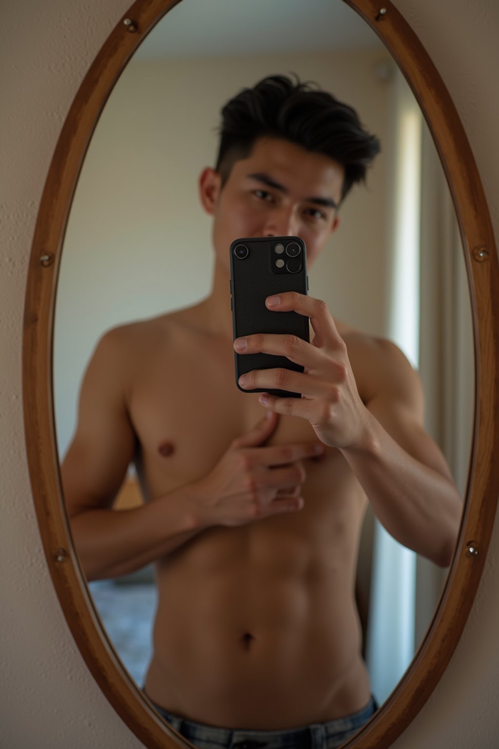 beautiful man taking a selfie in bedroom mirror