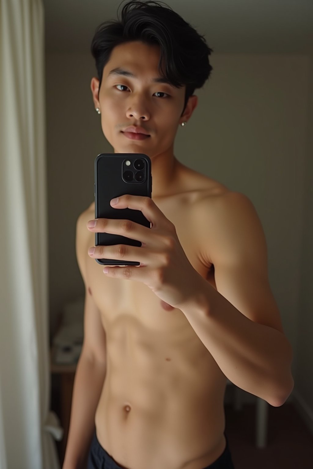 beautiful man taking a selfie in bedroom mirror