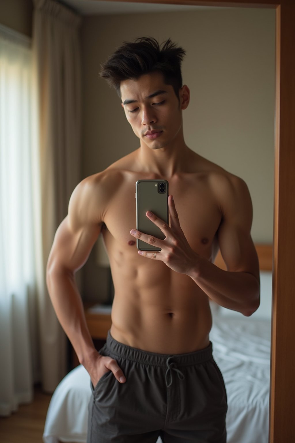 beautiful man taking a selfie in bedroom mirror