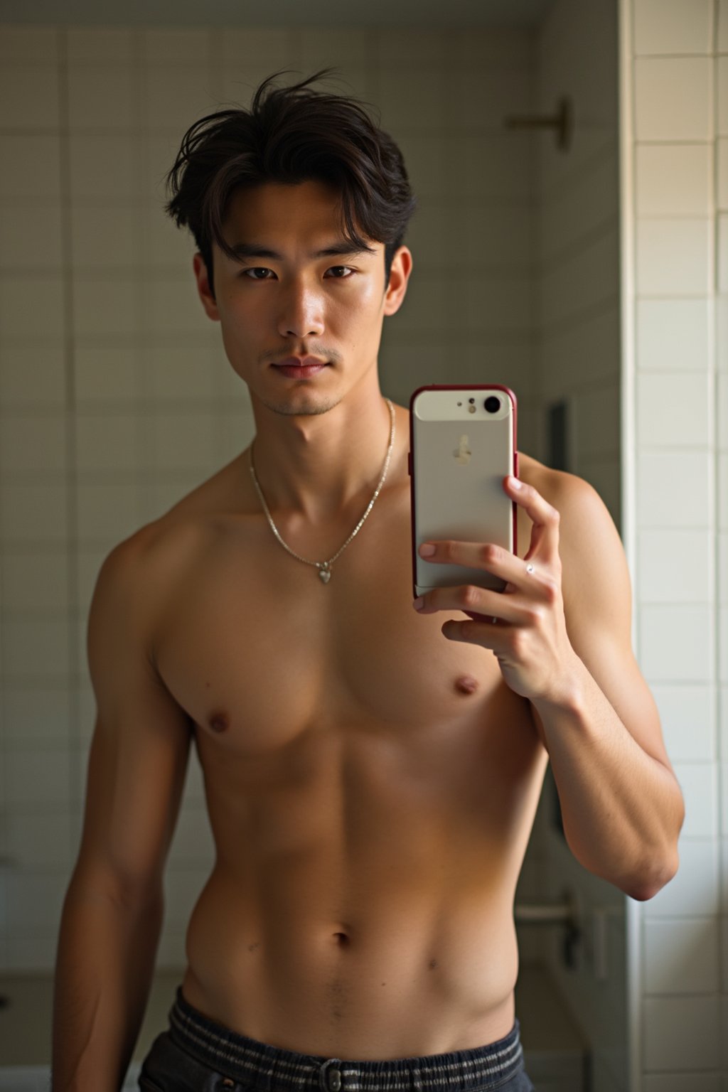 beautiful man taking a selfie in bathroom mirror