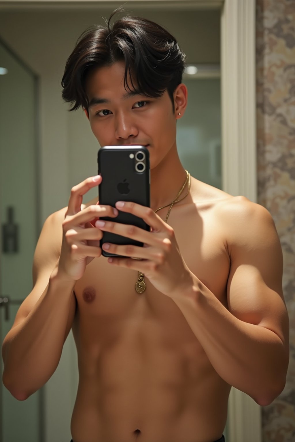 beautiful man taking a selfie in bathroom mirror