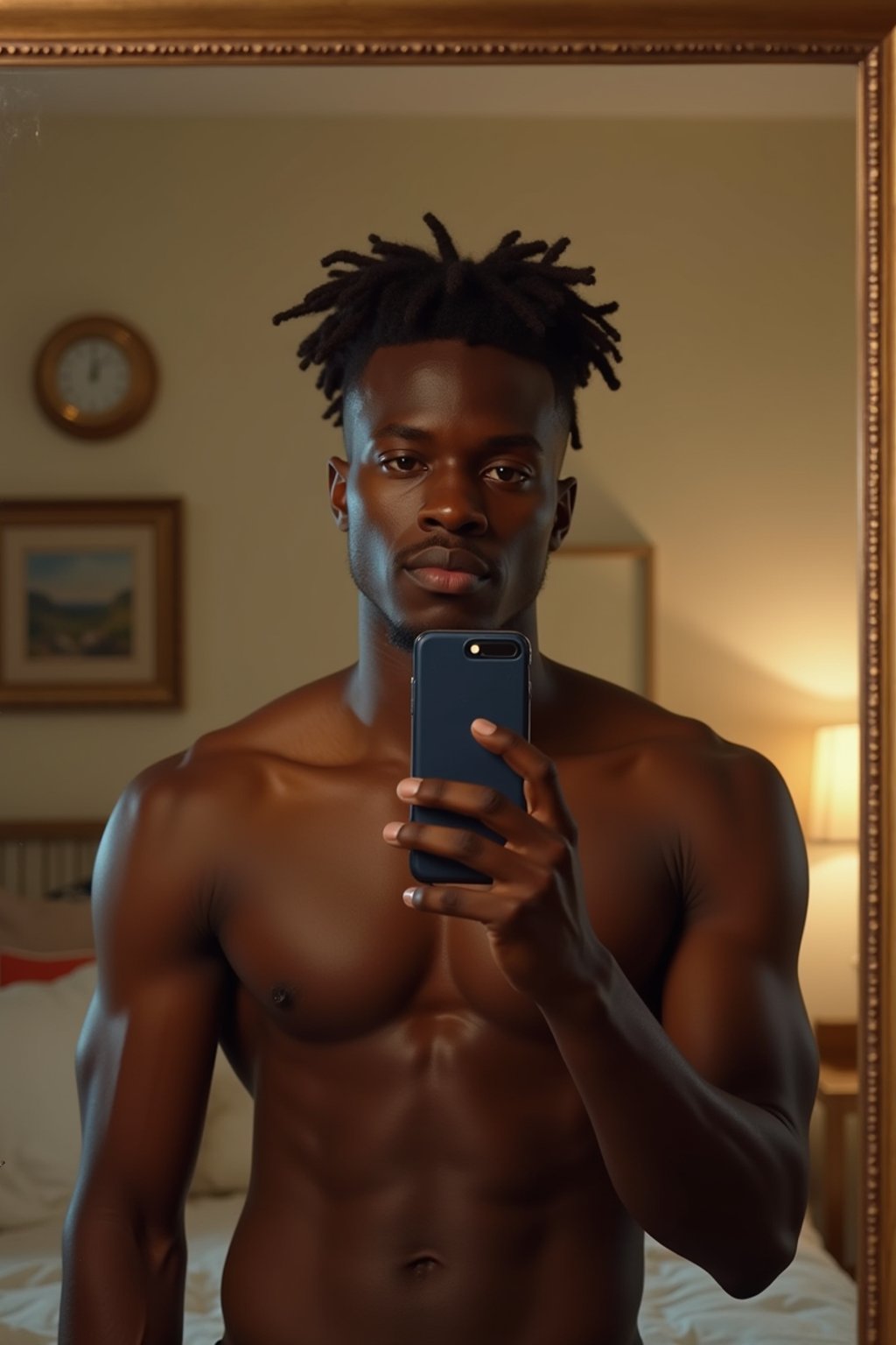 beautiful man taking a selfie in bedroom mirror