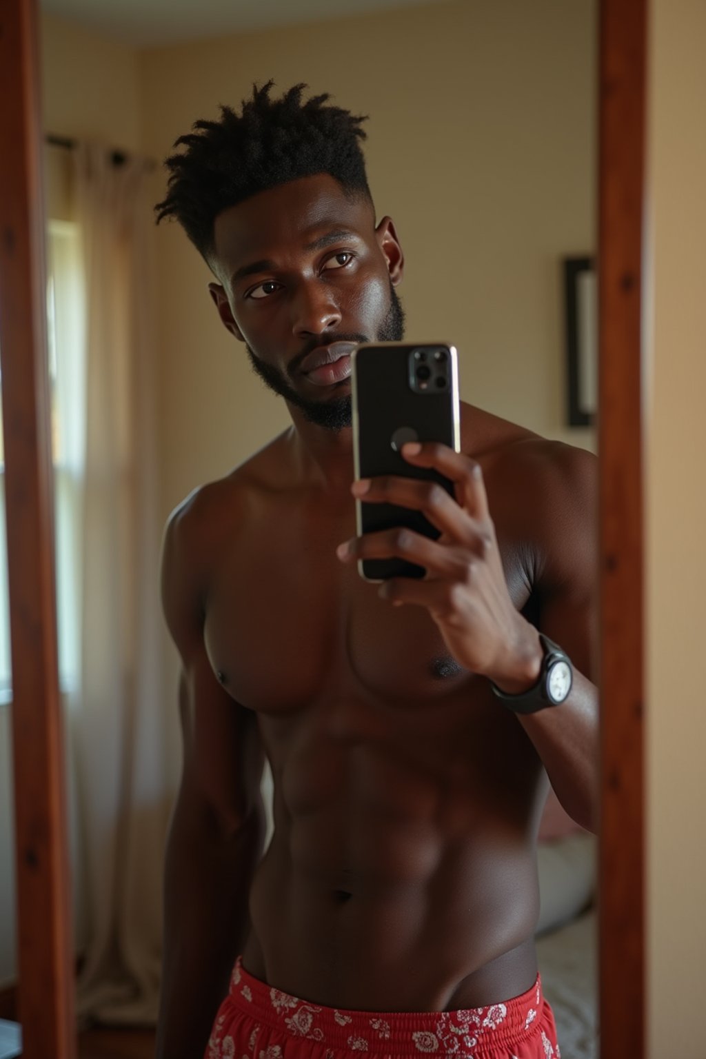 beautiful man taking a selfie in bedroom mirror