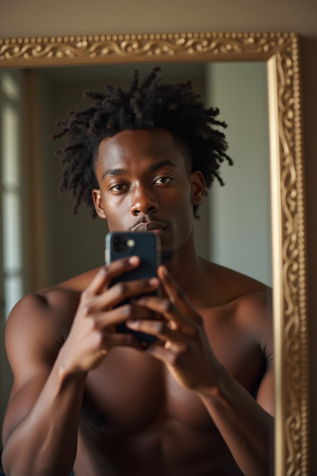 beautiful man taking a selfie in bedroom mirror