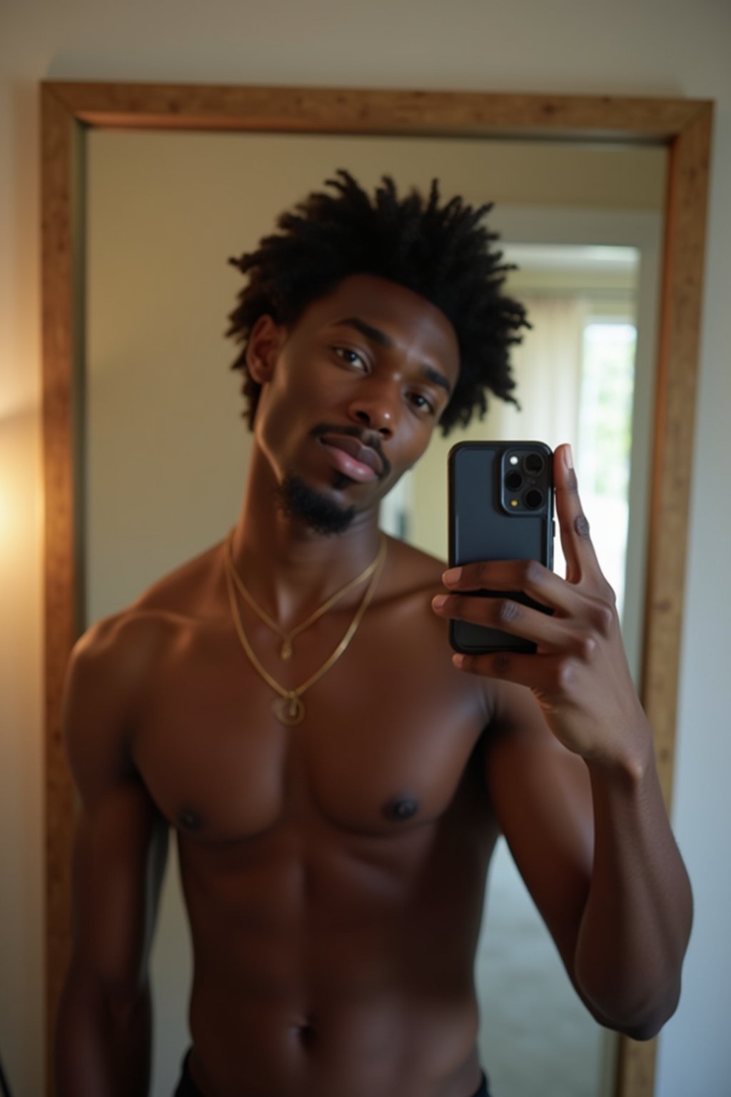 beautiful man taking a selfie in bedroom mirror