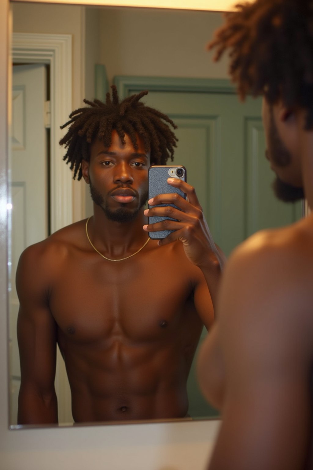 beautiful man taking a selfie in bathroom mirror