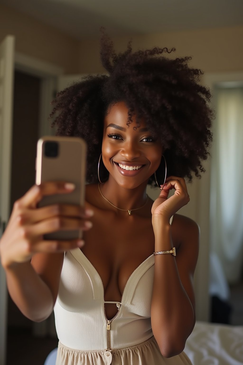 beautiful woman taking a selfie in bedroom mirror