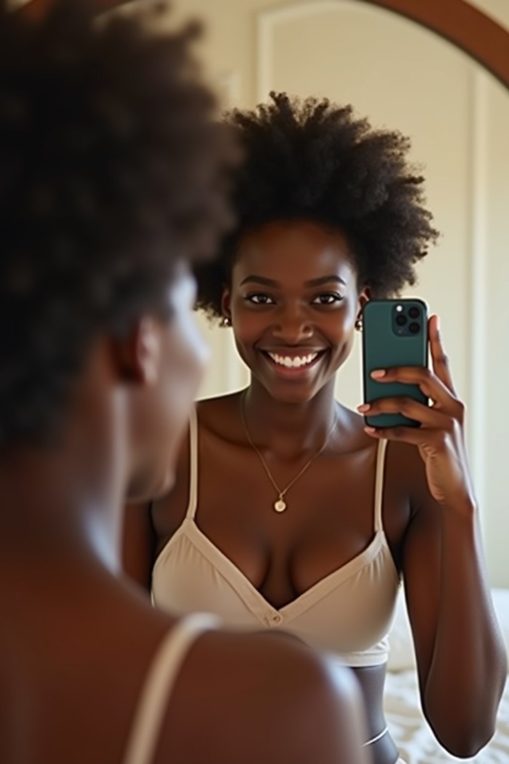 beautiful woman taking a selfie in bedroom mirror