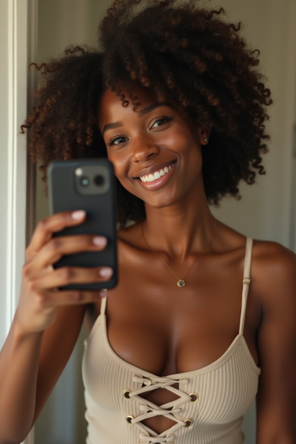 beautiful woman taking a selfie in bathroom mirror