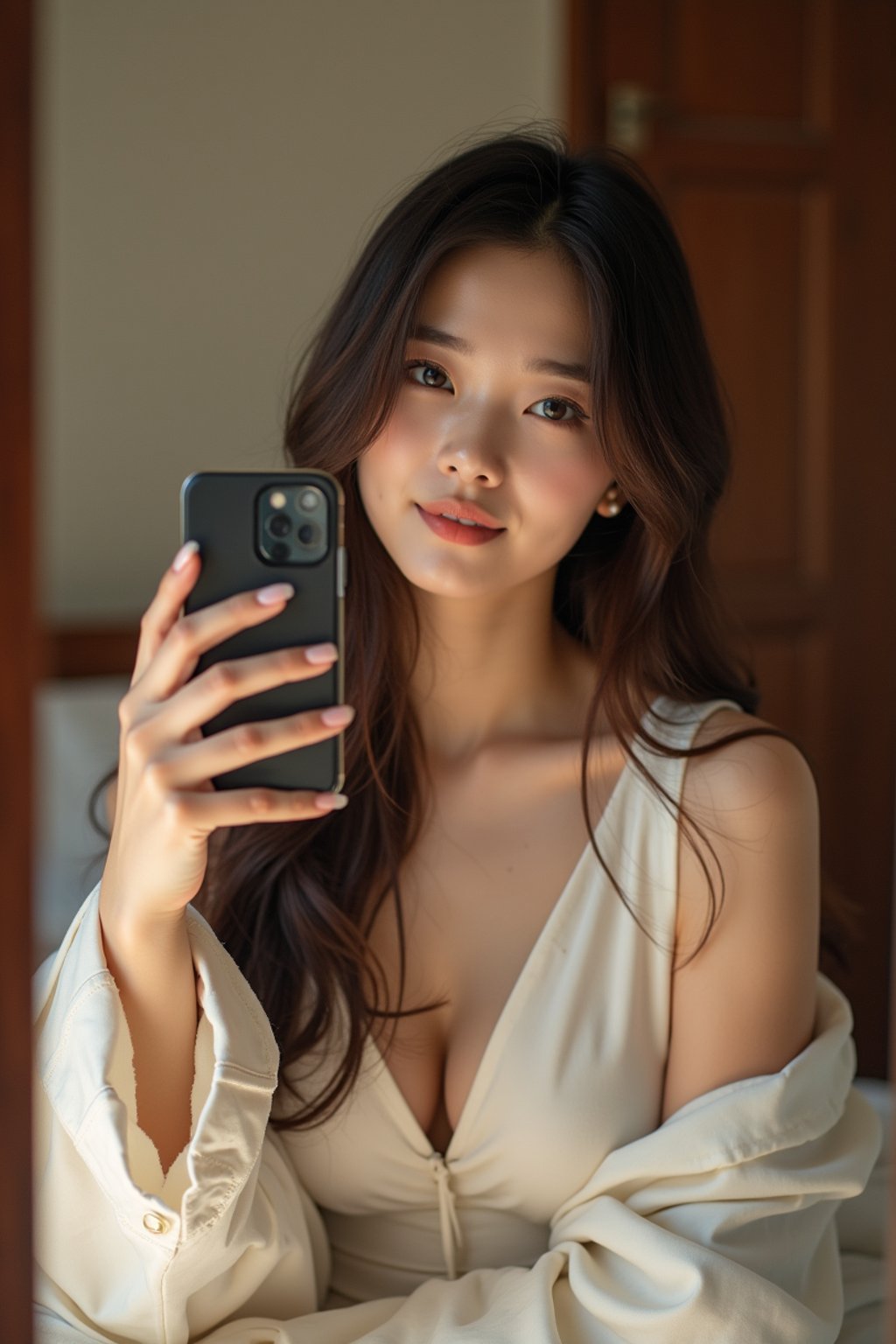 beautiful woman taking a selfie in bedroom mirror