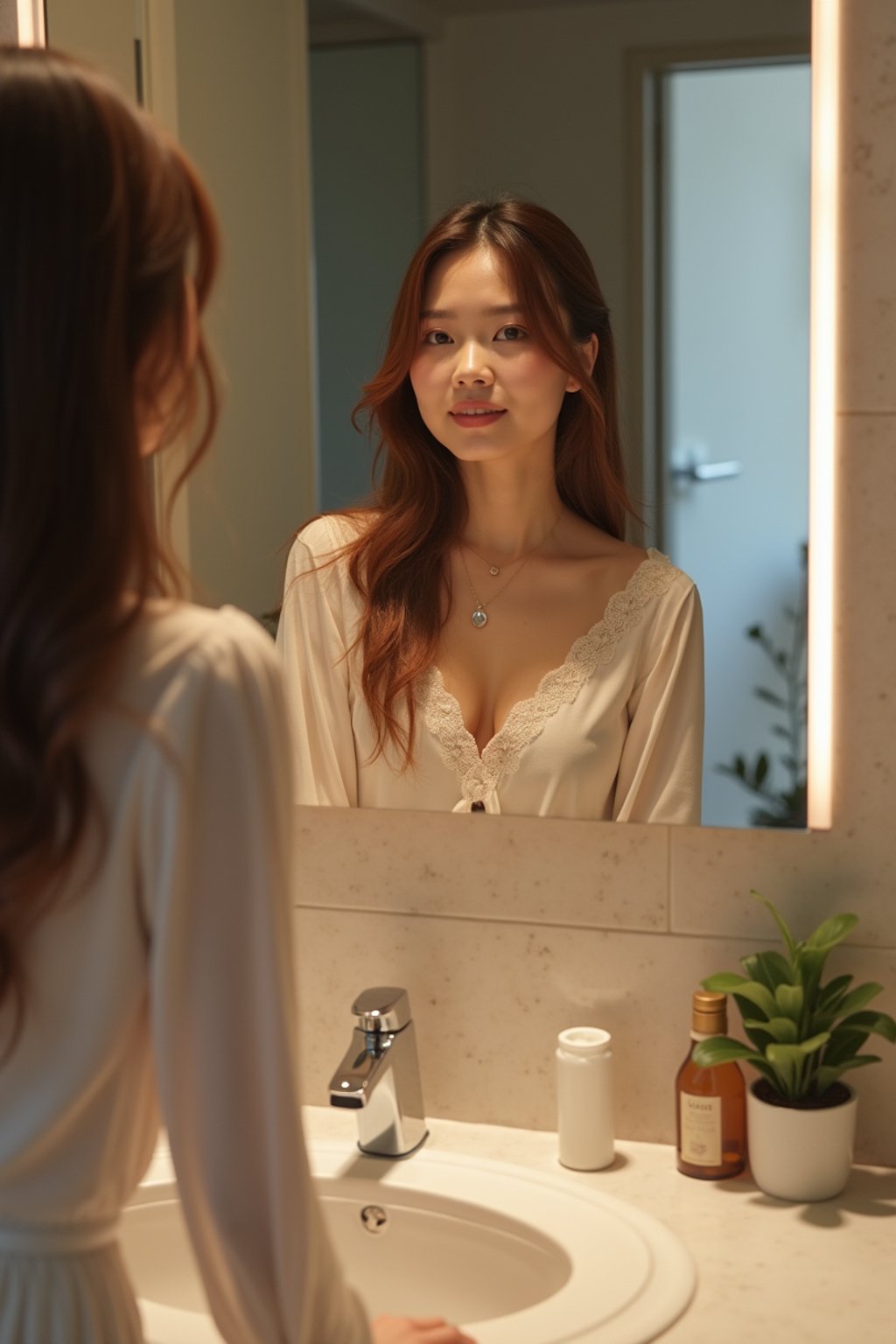 beautiful woman taking a selfie in bathroom mirror