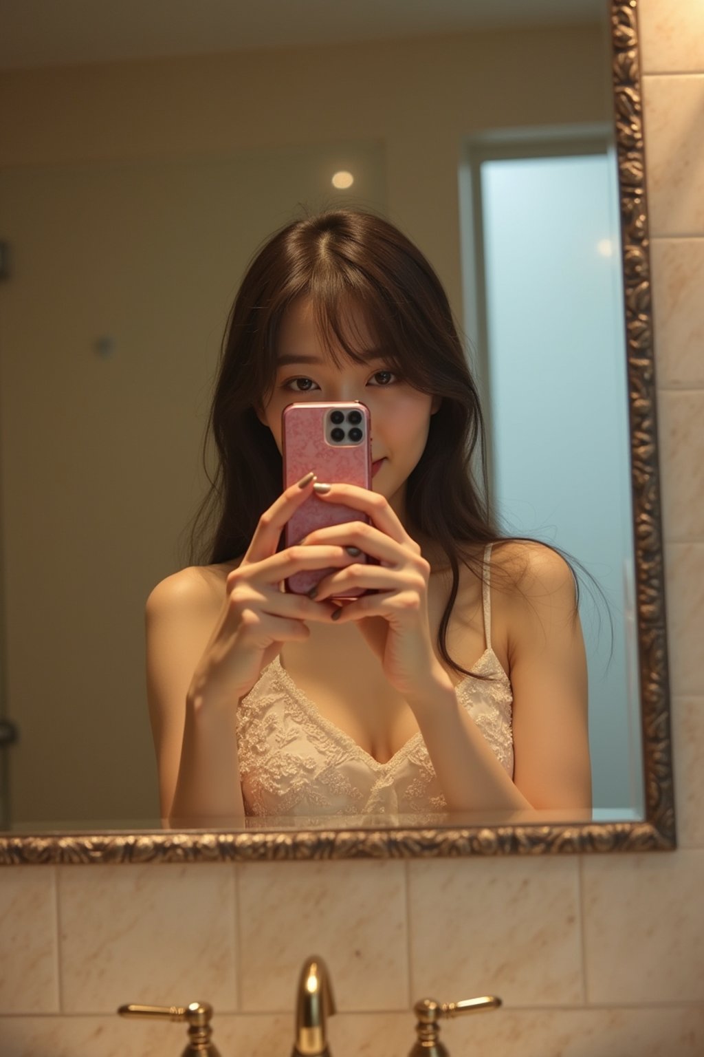 beautiful woman taking a selfie in bathroom mirror