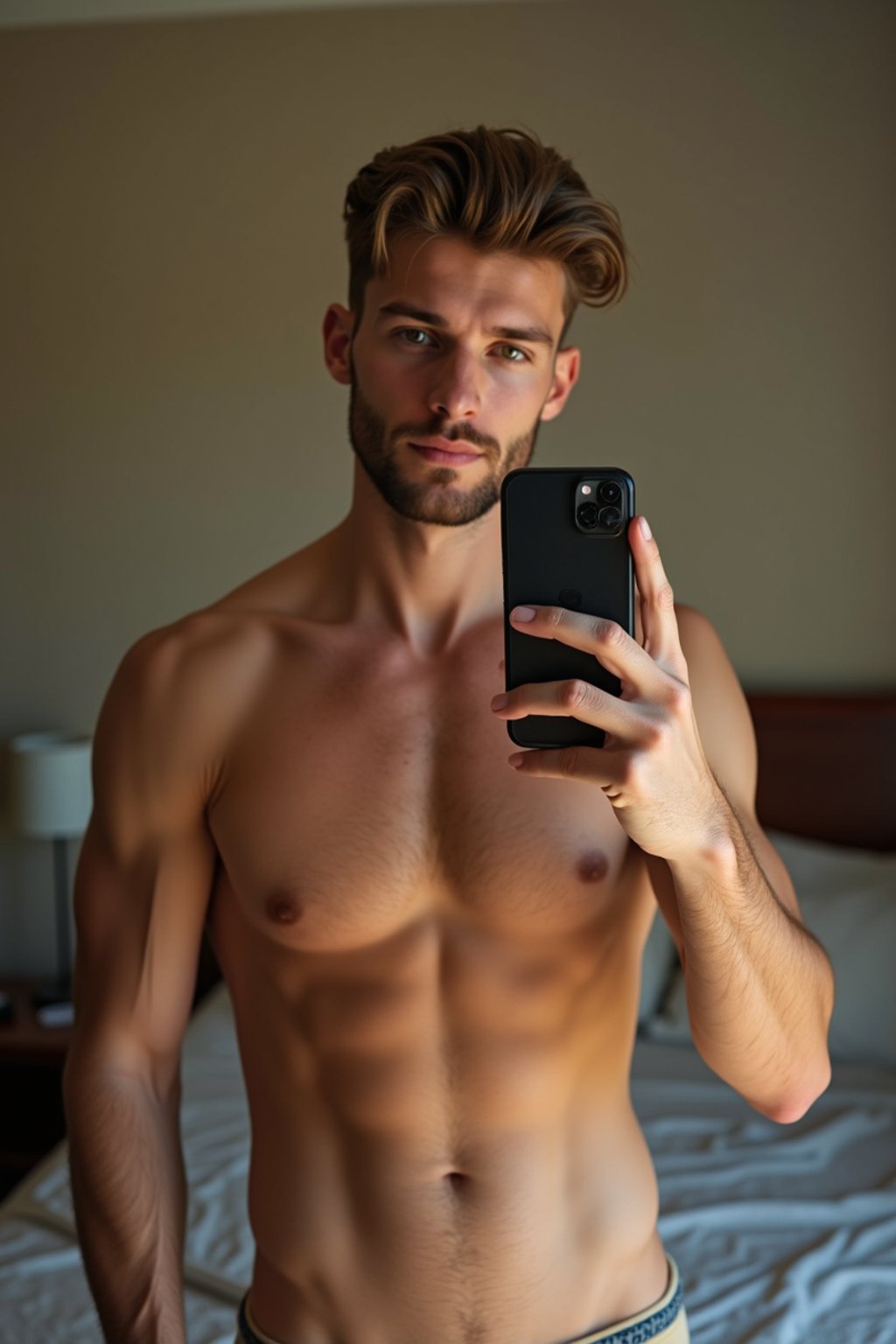 beautiful man taking a selfie in bedroom mirror