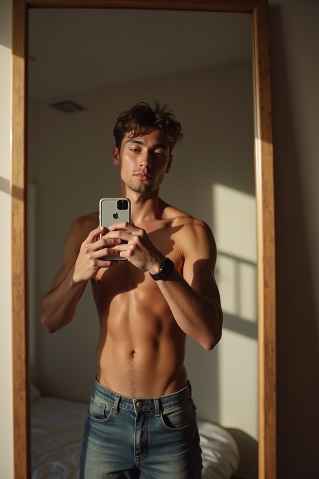 beautiful man taking a selfie in bedroom mirror