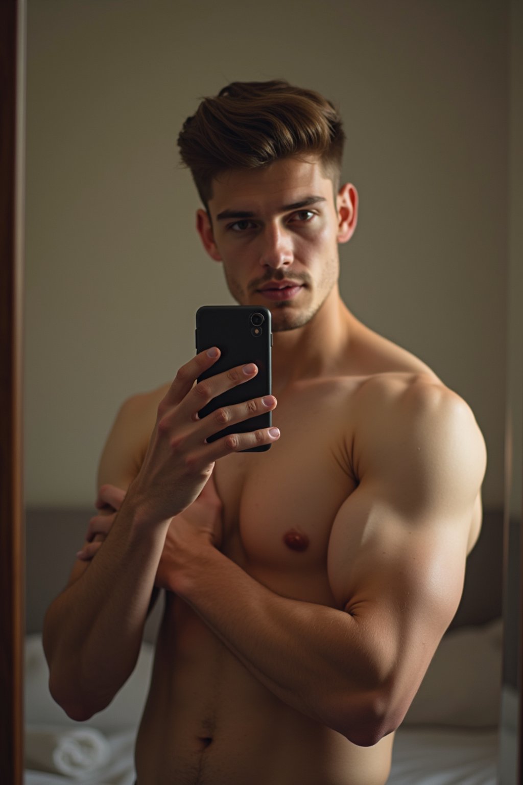 beautiful man taking a selfie in bedroom mirror