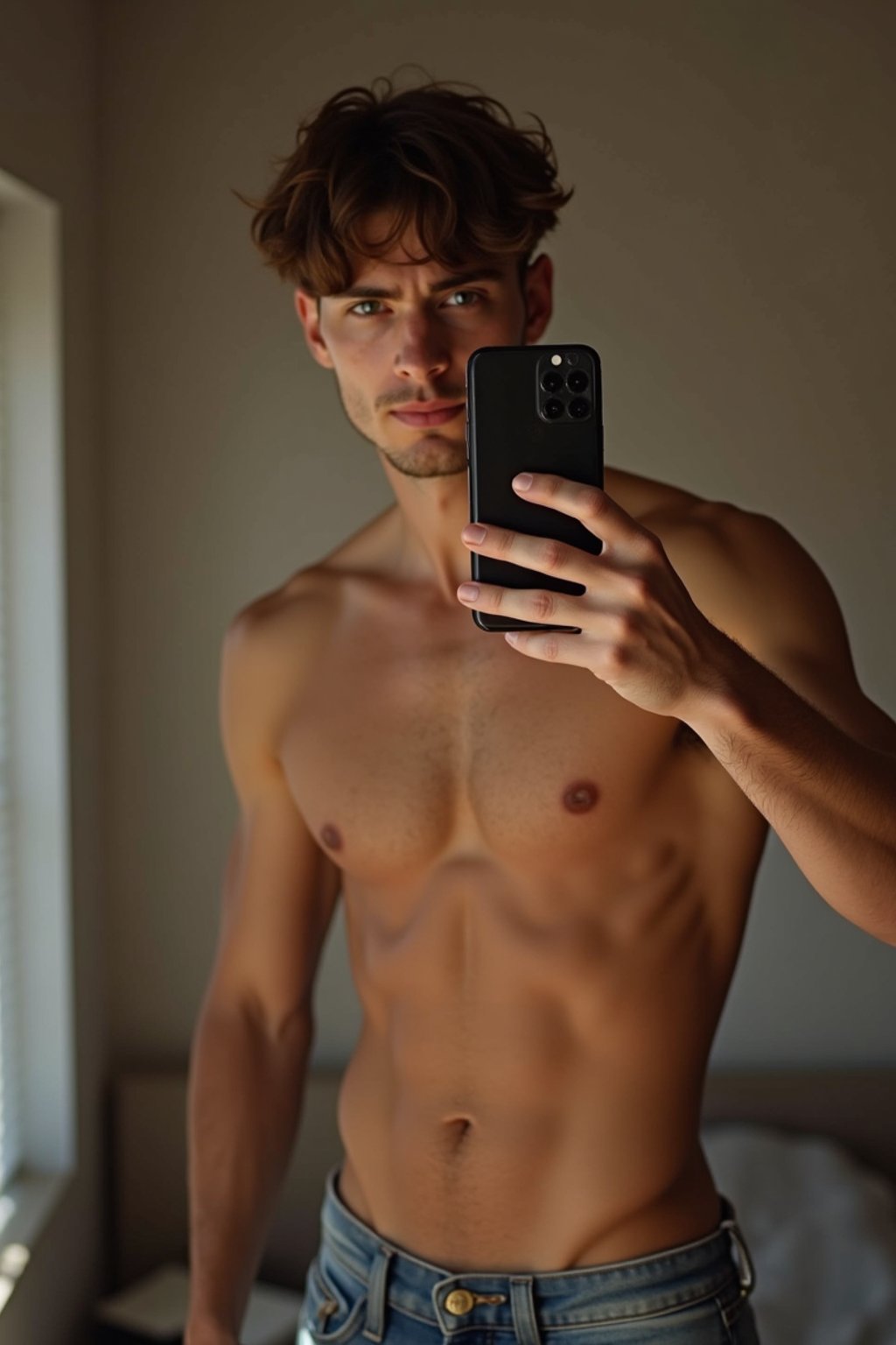 beautiful man taking a selfie in bedroom mirror