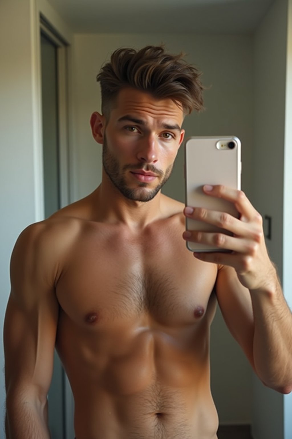 beautiful man taking a selfie in bathroom mirror