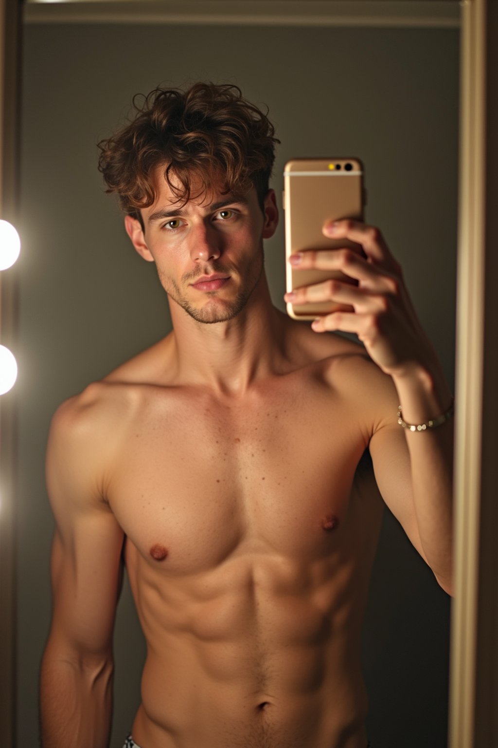 beautiful man taking a selfie in bathroom mirror