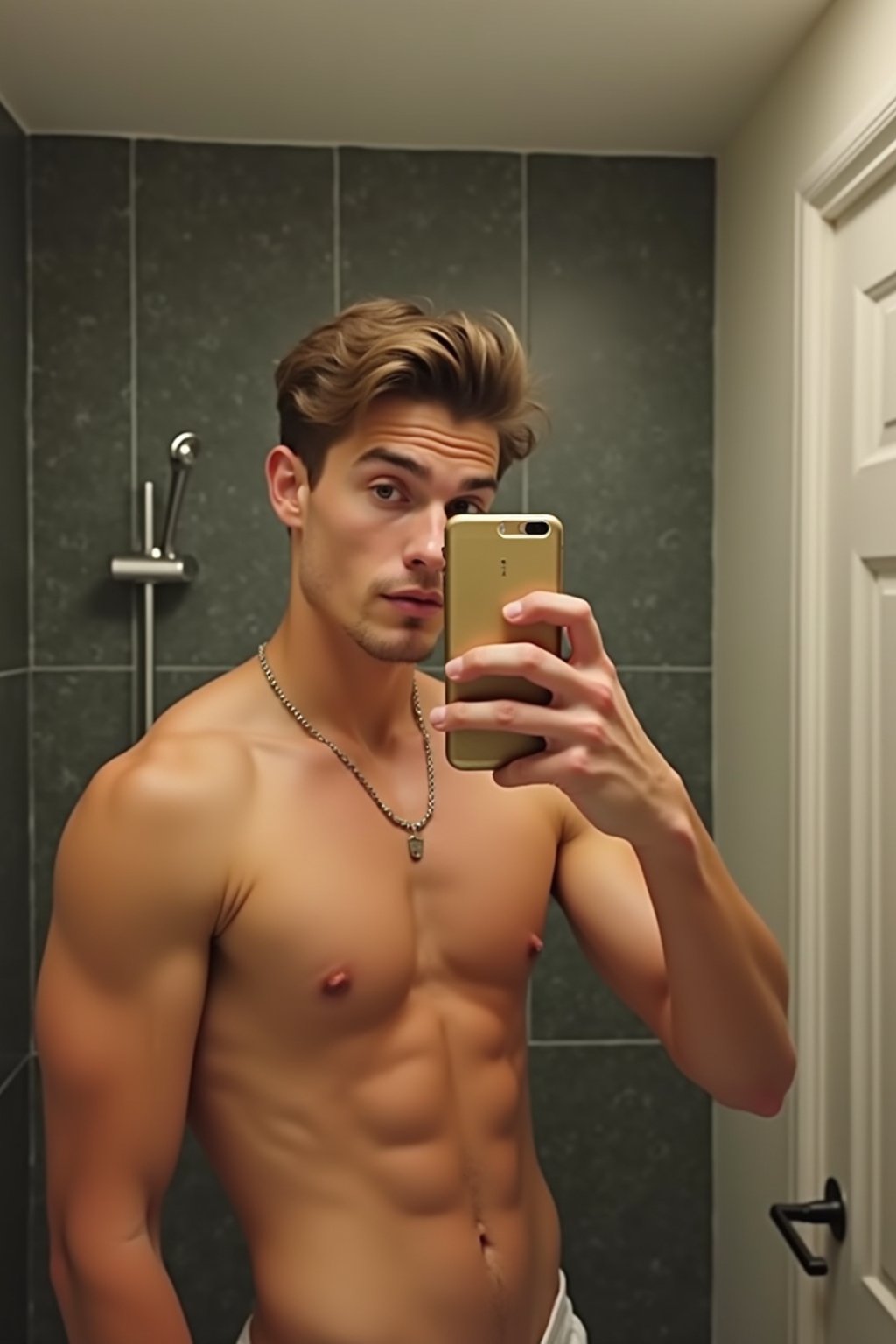 beautiful man taking a selfie in bathroom mirror