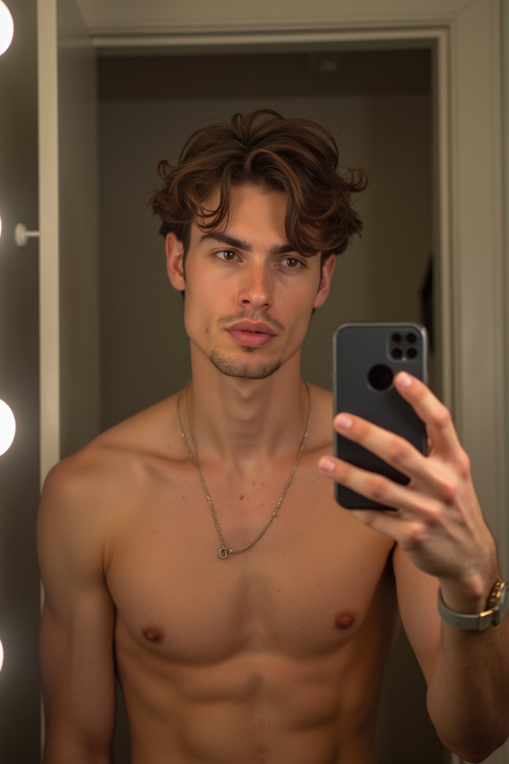 beautiful man taking a selfie in bathroom mirror