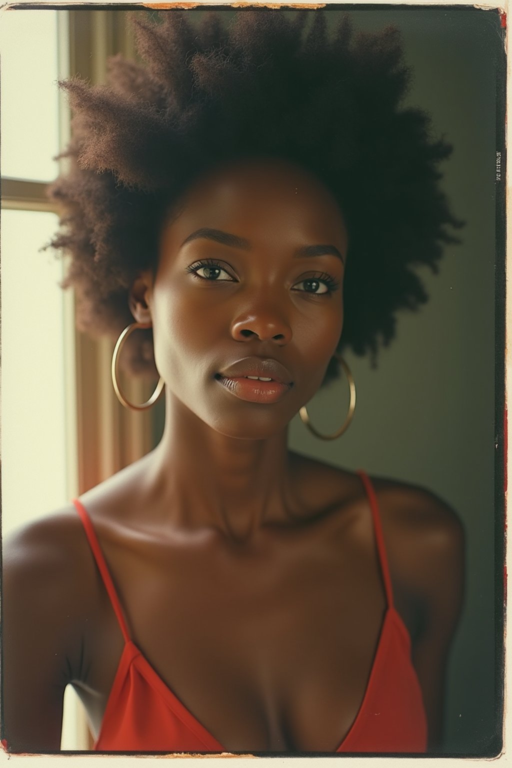 woman in polaroid classic photograph posing for photo indoors