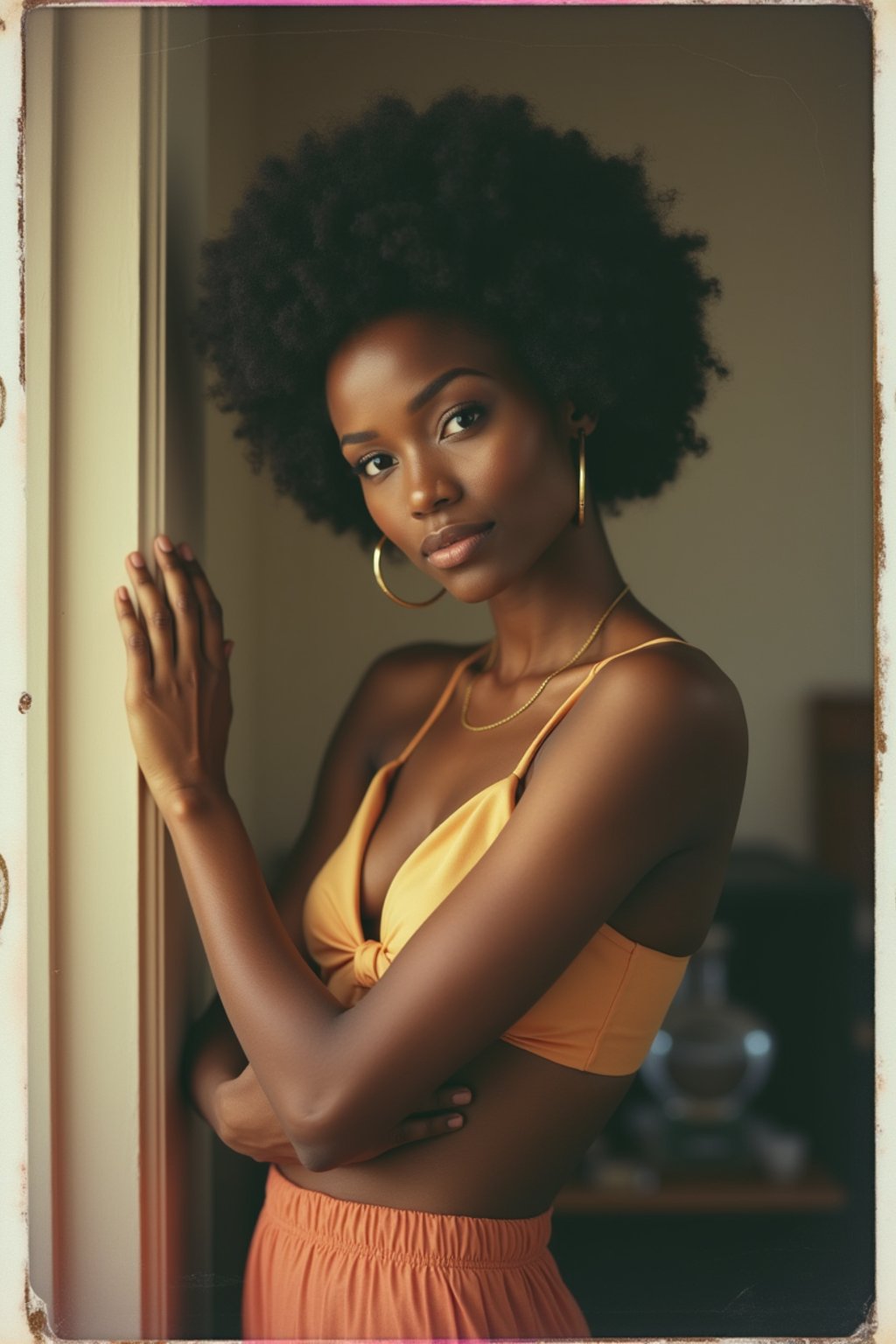 woman in polaroid classic photograph posing for photo indoors