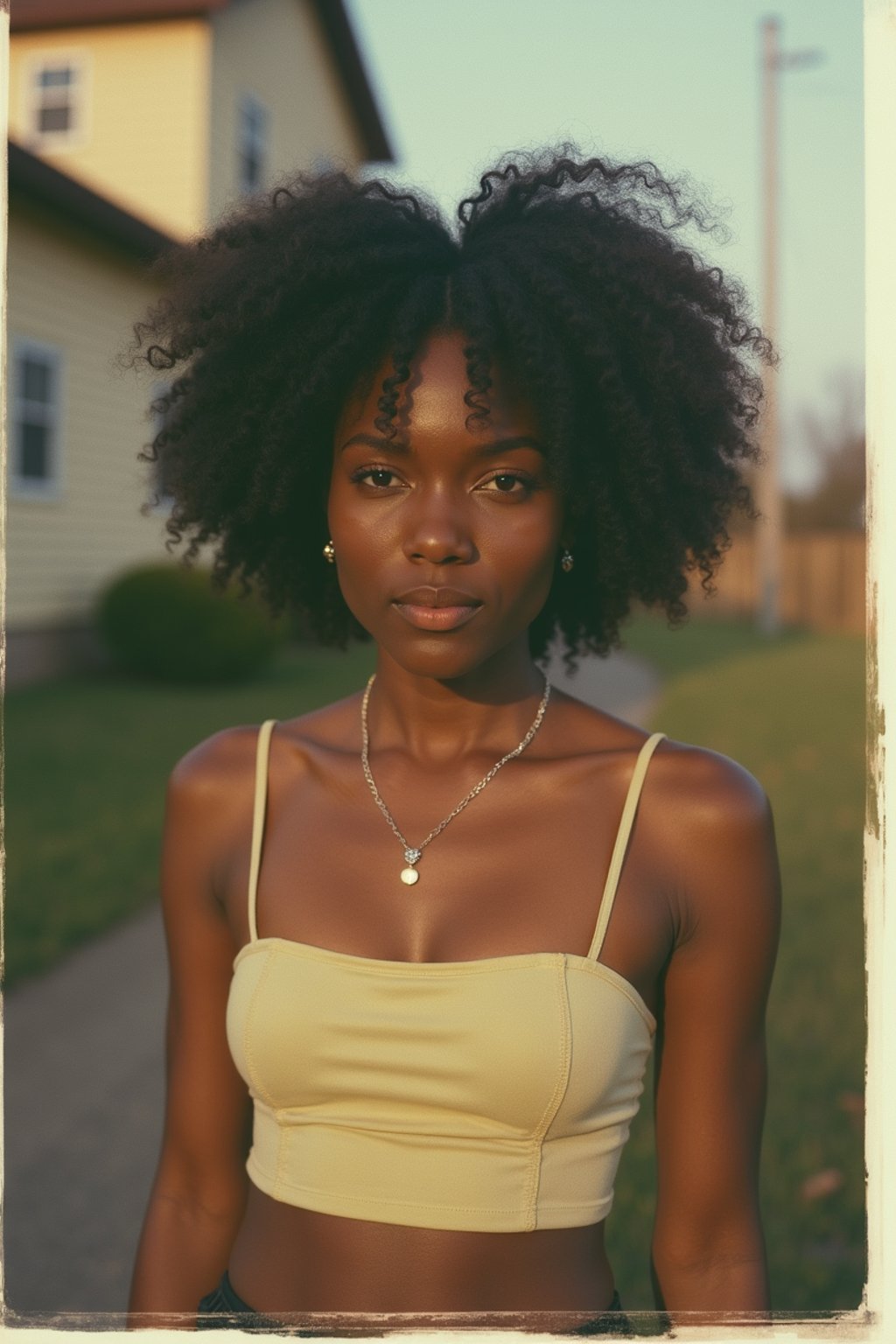 woman in polaroid classic photograph posing for photo outside