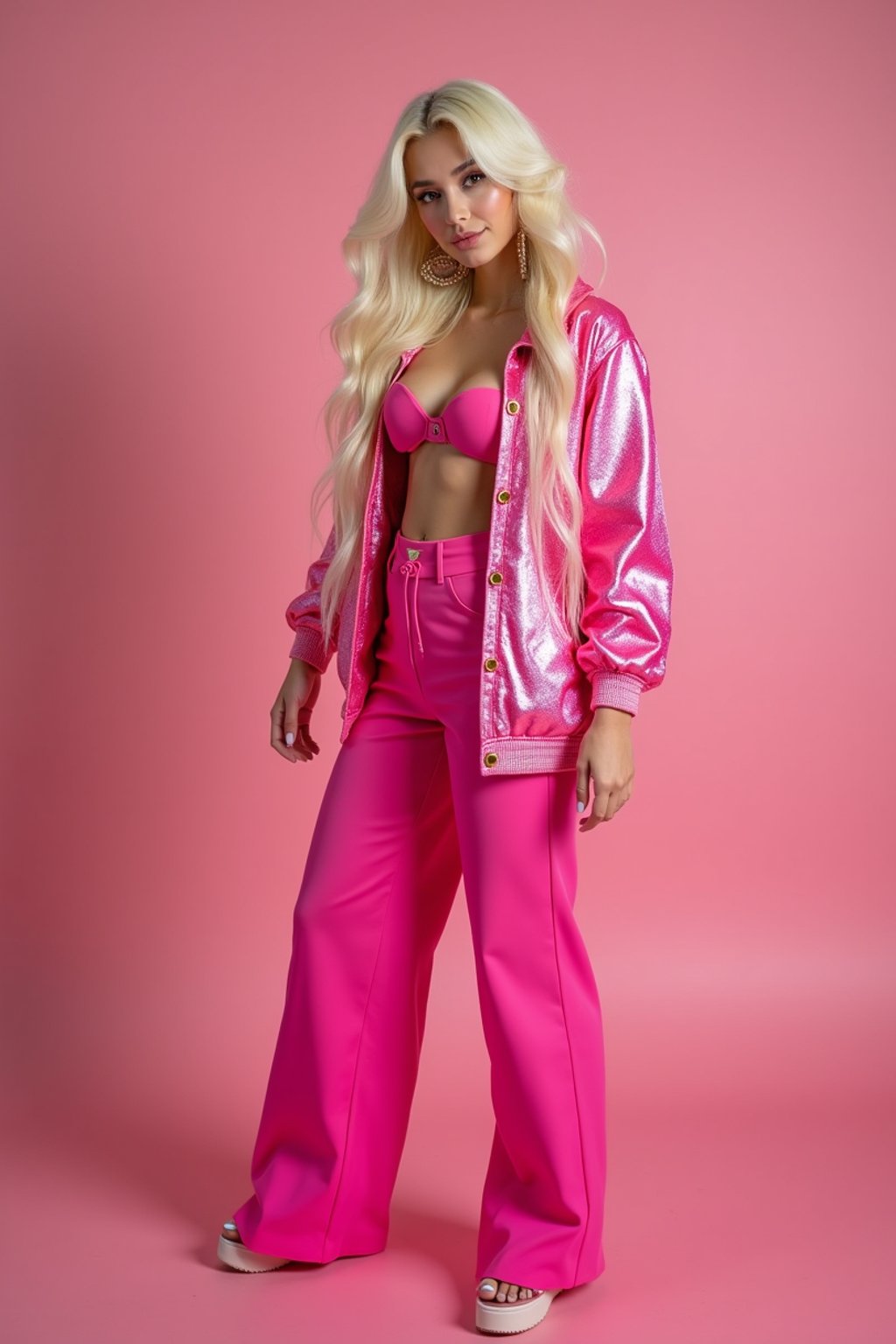 full body shot of sexy woman dressed up in full hot pink with Barbie clothes platinum blonde hair, hot pink style