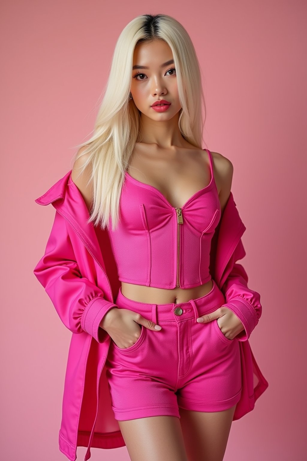 full body shot of sexy woman dressed up in full hot pink with Barbie clothes platinum blonde hair, hot pink style