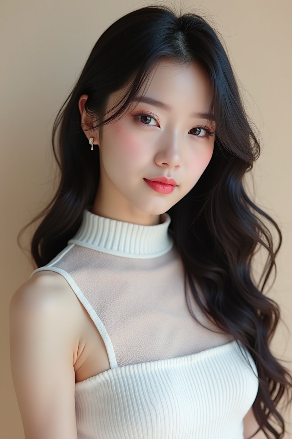 Korean woman (with black hair) (as korean kpop k-pop idol) posing for photo, wearing Korean clothes, Korean fashion, Korean fashion, Korean makeup, (in front of solid background)