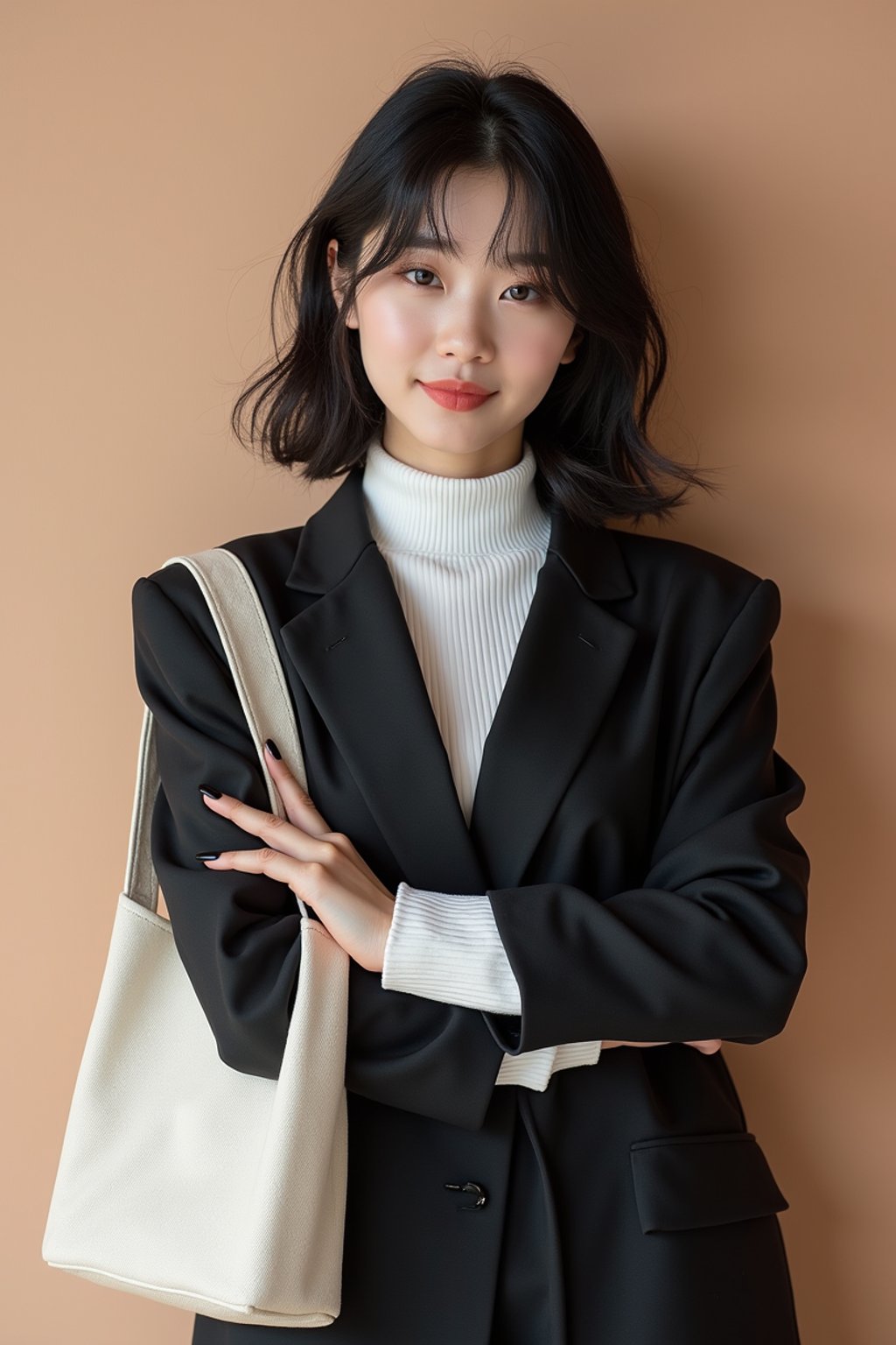 Korean woman (with black hair) (as korean kpop k-pop idol) posing for photo, wearing Korean clothes, Korean fashion, Korean fashion, Korean makeup, (in front of solid background)