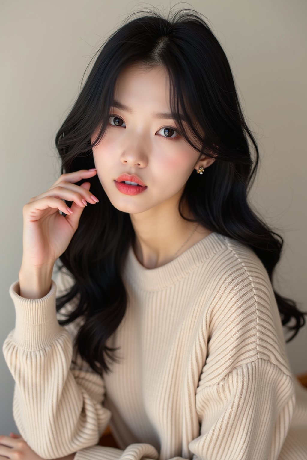 Korean woman (with black hair) (as korean kpop k-pop idol) posing for photo, wearing Korean clothes, Korean fashion, Korean fashion, Korean makeup, (in front of solid background)