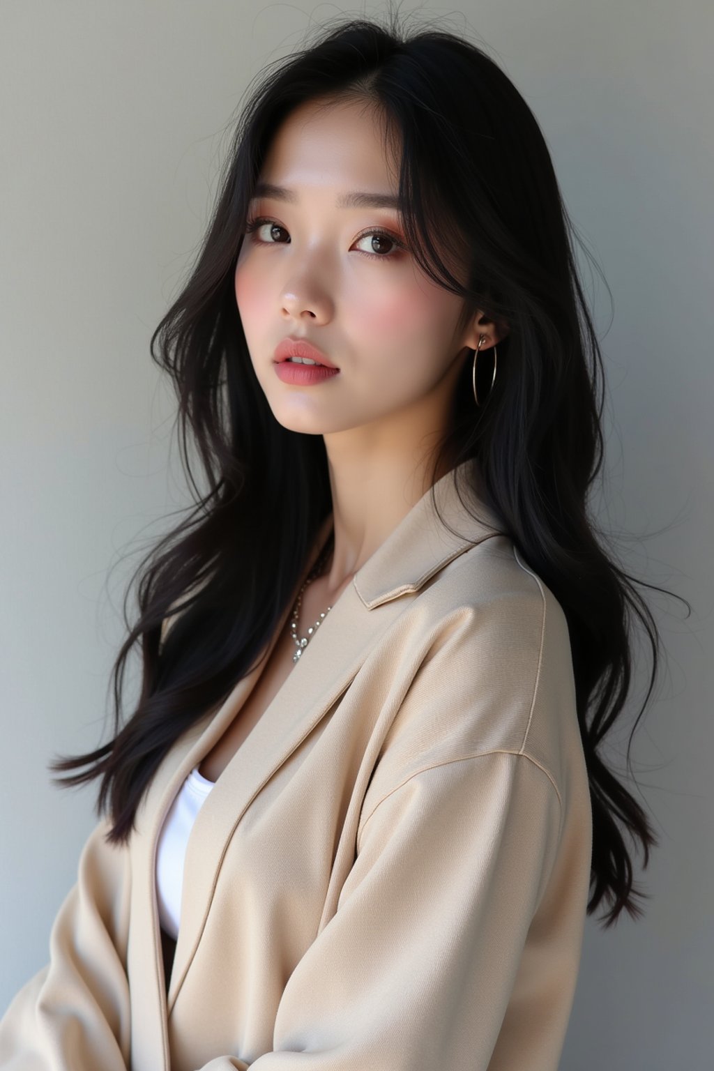 Korean woman (with black hair) (as korean kpop k-pop idol) posing for photo, wearing Korean clothes, Korean fashion, Korean fashion, Korean makeup, (in front of solid background)