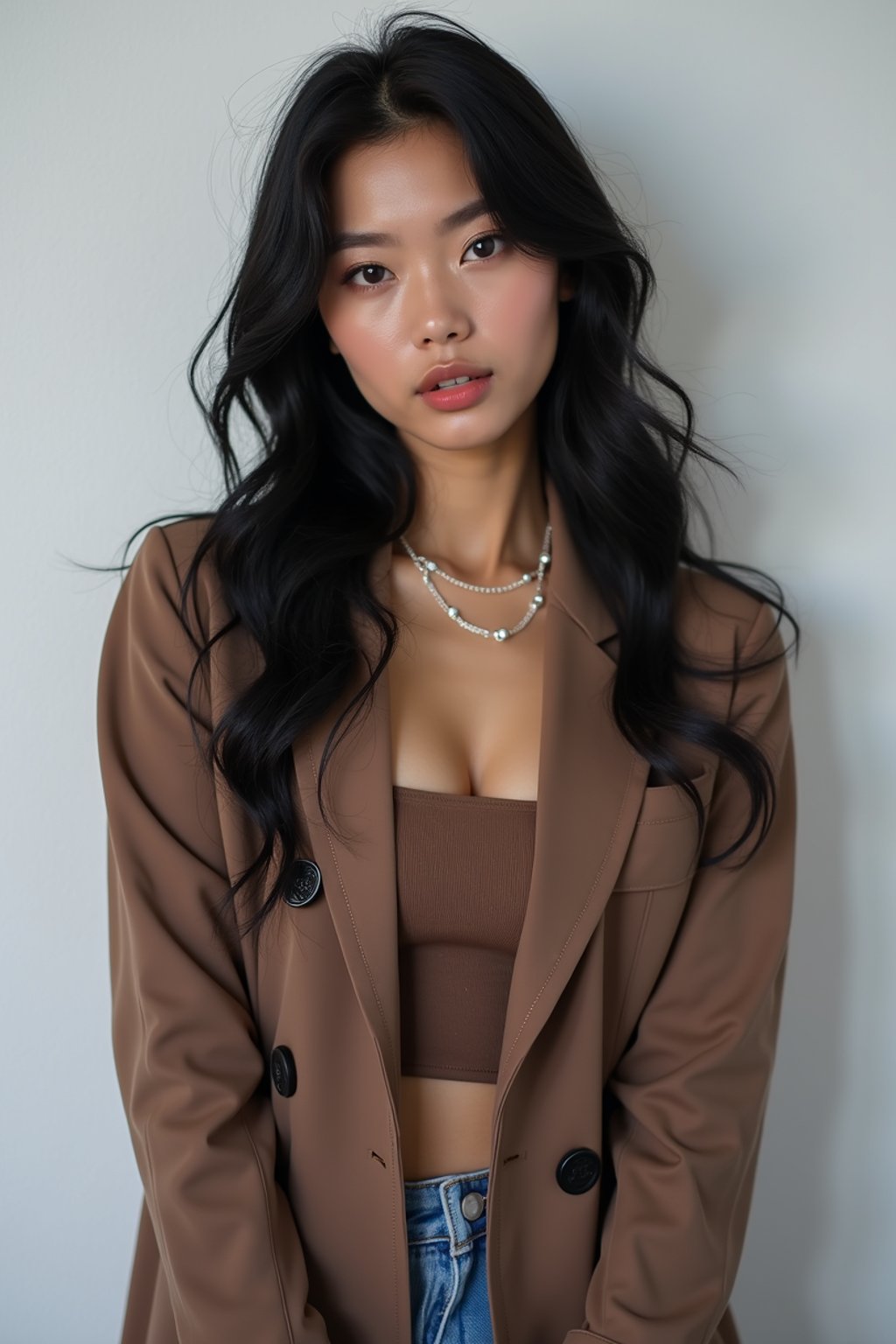 Korean woman (with black hair) (as korean kpop k-pop idol) posing for photo, wearing Korean clothes, Korean fashion, Korean fashion, Korean makeup, (in front of solid background)