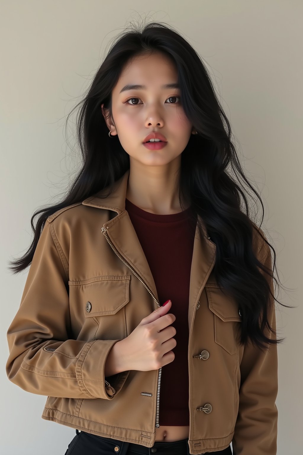 Korean woman (with black hair) (as korean kpop k-pop idol) posing for photo, wearing Korean clothes, Korean fashion, Korean fashion, Korean makeup, (in front of solid background)