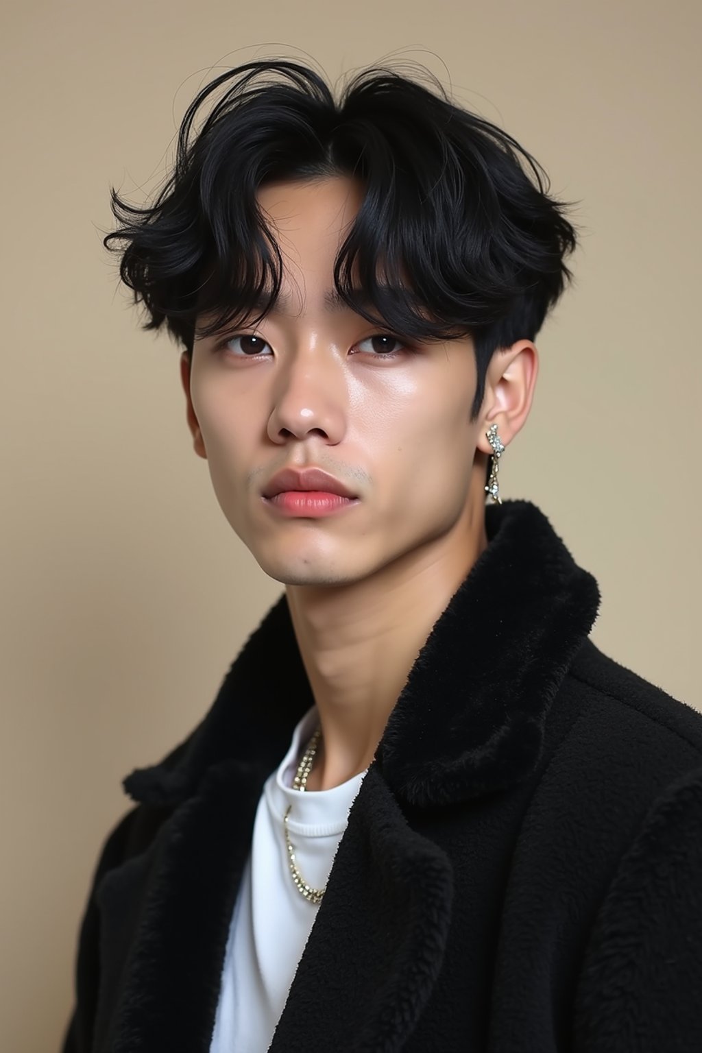 Korean man (with black hair) (as korean kpop k-pop idol) posing for photo, wearing Korean clothes, Korean fashion, Korean fashion, Korean makeup, (in front of solid background)