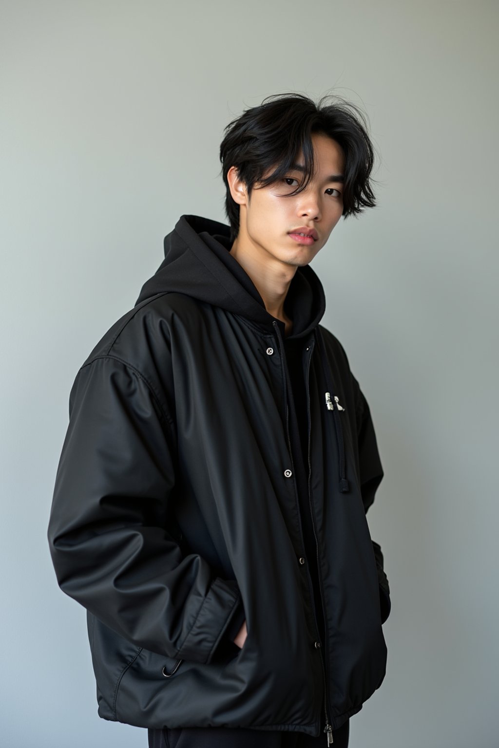 Korean man (with black hair) (as korean kpop k-pop idol) posing for photo, wearing Korean clothes, Korean fashion, Korean fashion, Korean makeup, (in front of solid background)