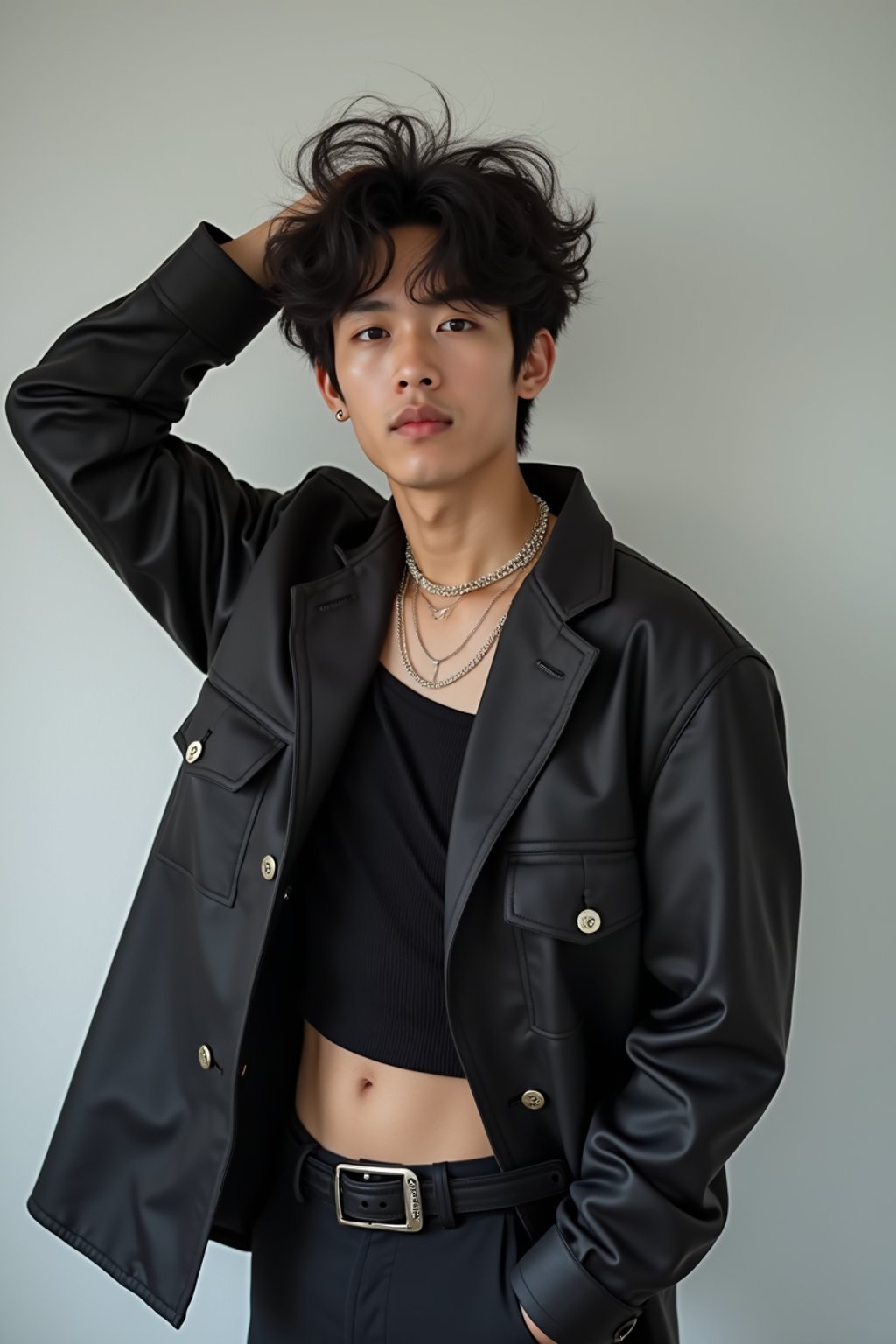 Korean man (with black hair) (as korean kpop k-pop idol) posing for photo, wearing Korean clothes, Korean fashion, Korean fashion, Korean makeup, (in front of solid background)