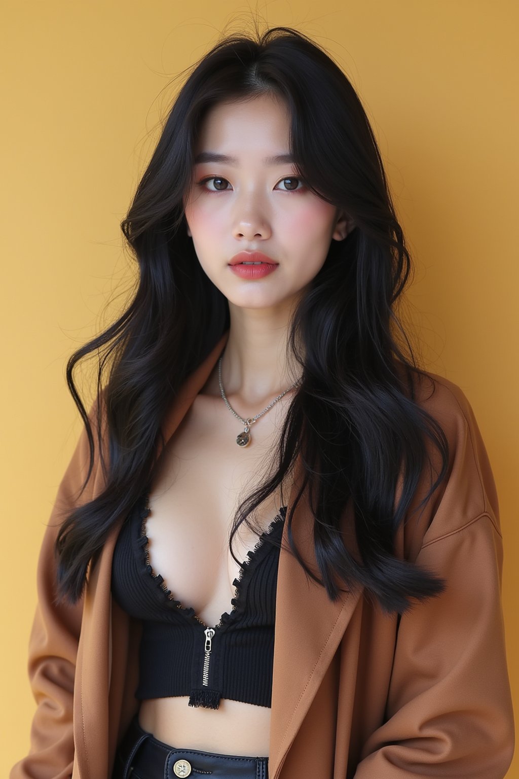 Korean woman (with black hair) (as korean kpop k-pop idol) posing for photo, wearing Korean clothes, Korean fashion, Korean fashion, Korean makeup, (in front of solid background)