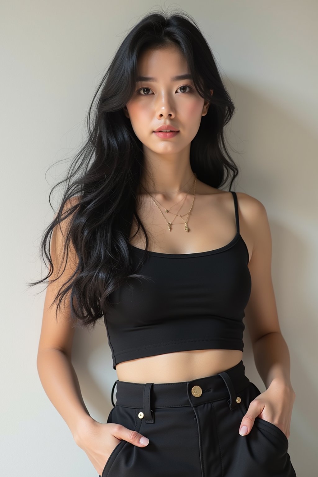 Korean woman (with black hair) (as korean kpop k-pop idol) posing for photo, wearing Korean clothes, Korean fashion, Korean fashion, Korean makeup, (in front of solid background)