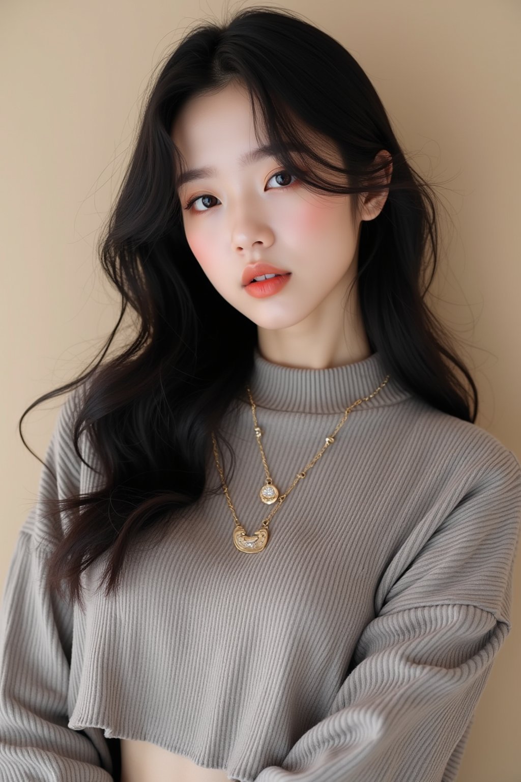 Korean woman (with black hair) (as korean kpop k-pop idol) posing for photo, wearing Korean clothes, Korean fashion, Korean fashion, Korean makeup, (in front of solid background)