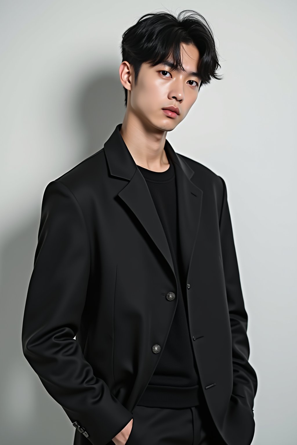 Korean man (with black hair) (as korean kpop k-pop idol) posing for photo, wearing Korean clothes, Korean fashion, Korean fashion, Korean makeup, (in front of solid background)