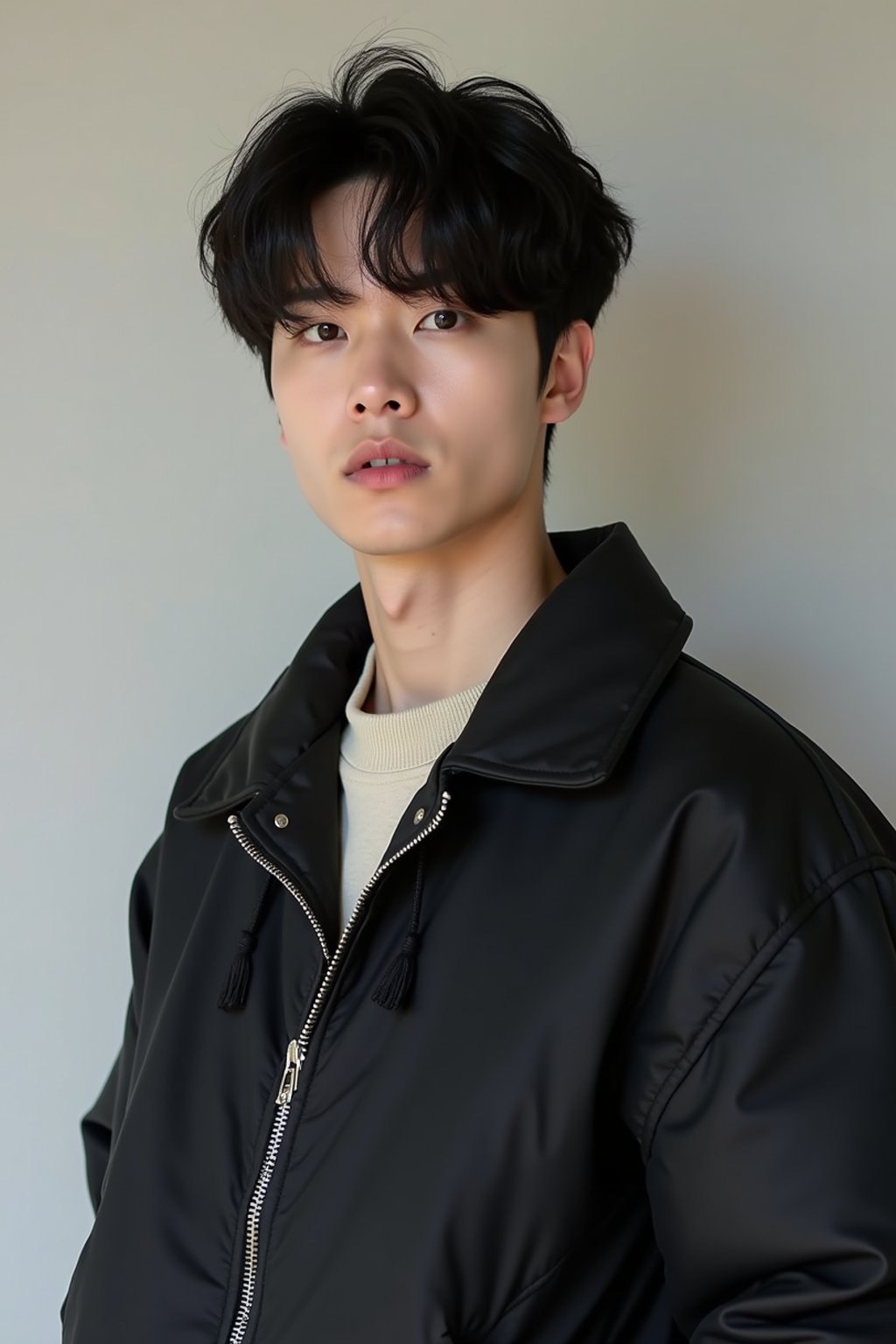 Korean man (with black hair) (as korean kpop k-pop idol) posing for photo, wearing Korean clothes, Korean fashion, Korean fashion, Korean makeup, (in front of solid background)