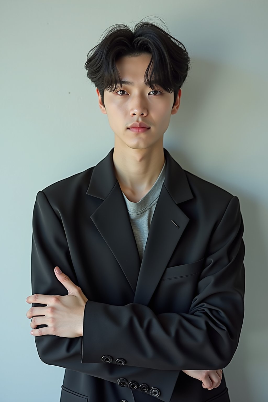 Korean man (with black hair) (as korean kpop k-pop idol) posing for photo, wearing Korean clothes, Korean fashion, Korean fashion, Korean makeup, (in front of solid background)