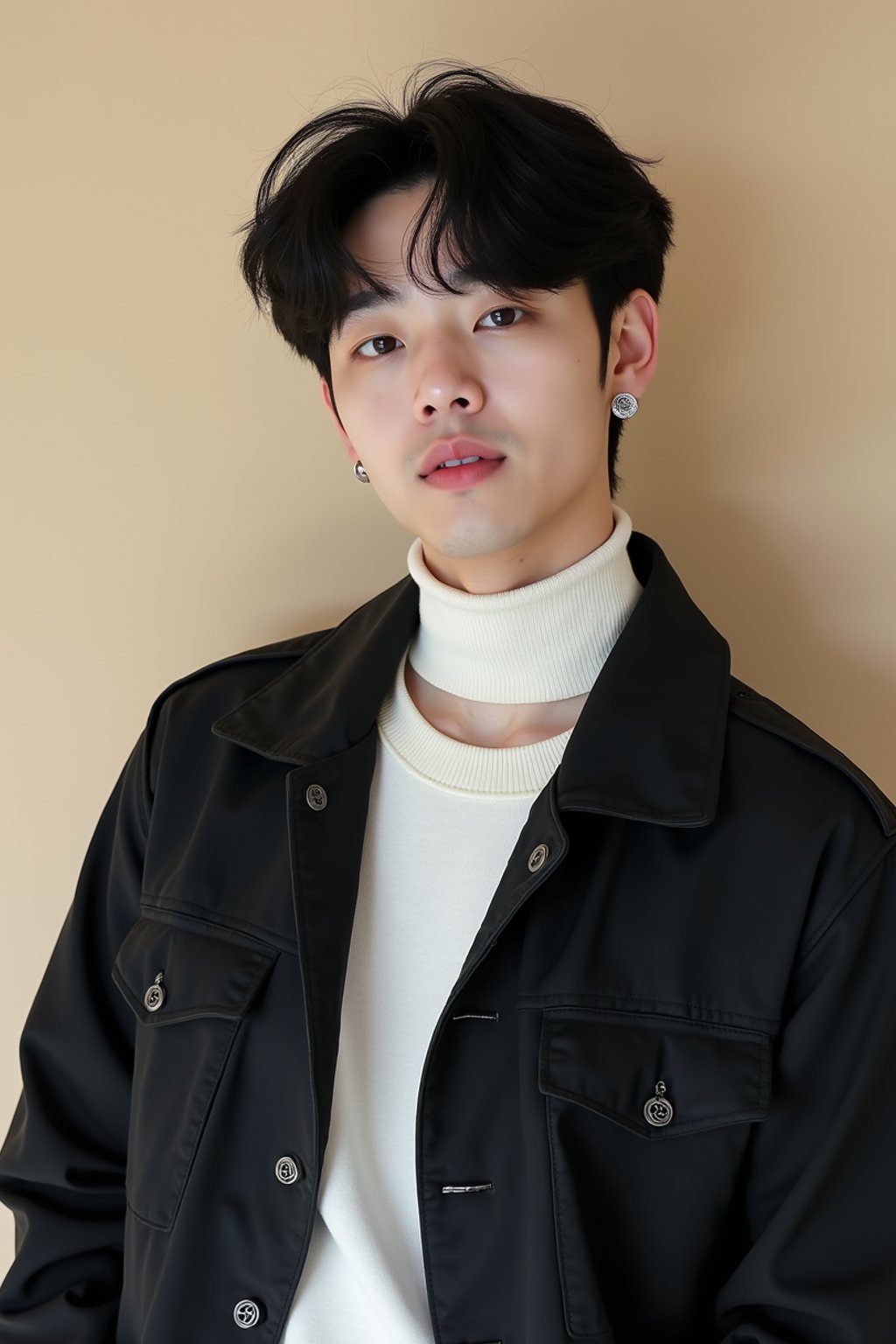 Korean man (with black hair) (as korean kpop k-pop idol) posing for photo, wearing Korean clothes, Korean fashion, Korean fashion, Korean makeup, (in front of solid background)