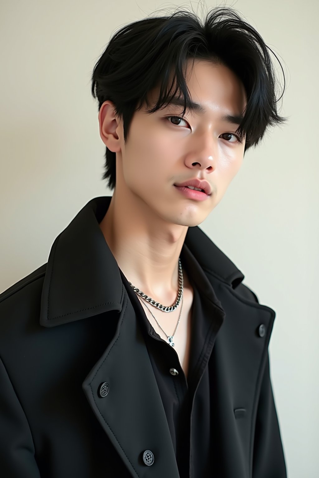 Korean man (with black hair) (as korean kpop k-pop idol) posing for photo, wearing Korean clothes, Korean fashion, Korean fashion, Korean makeup, (in front of solid background)