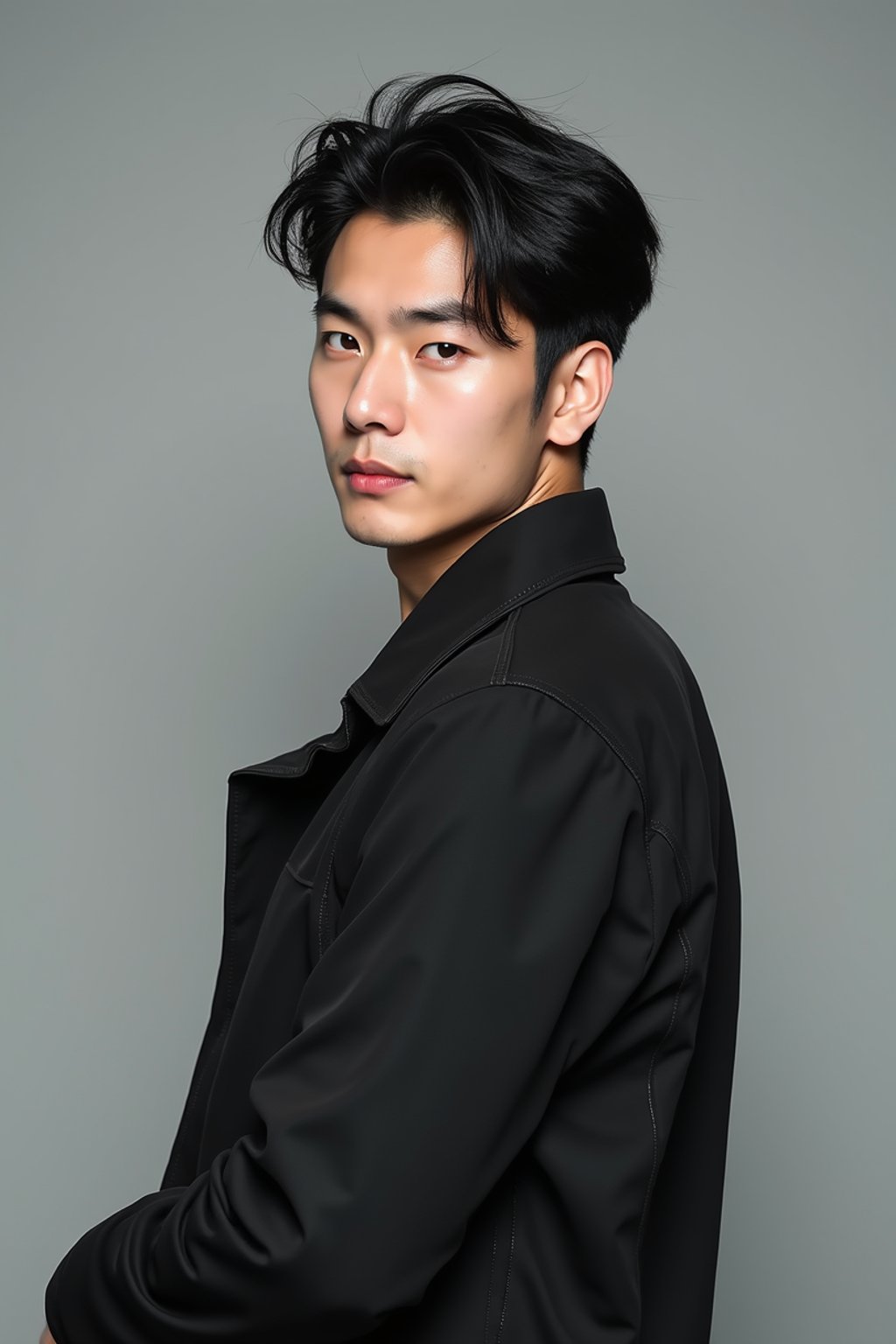 Korean man (with black hair) (as korean kpop k-pop idol) posing for photo, wearing Korean clothes, Korean fashion, Korean fashion, Korean makeup, (in front of solid background)