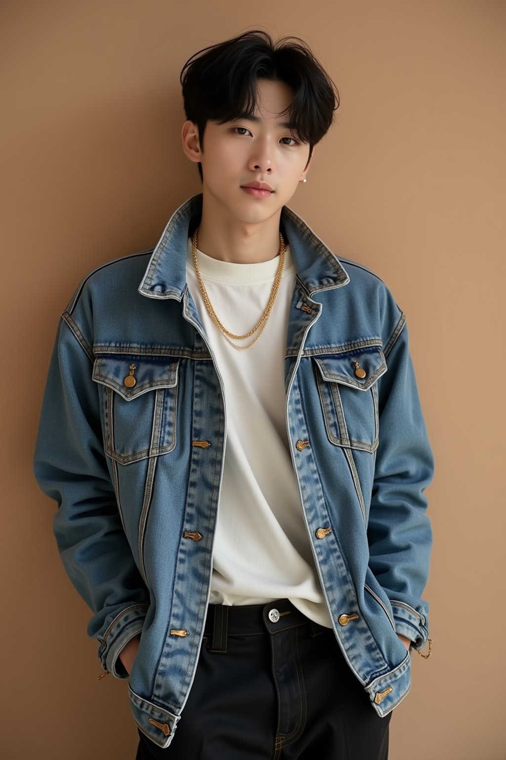 Korean man (with black hair) (as korean kpop k-pop idol) posing for photo, wearing Korean clothes, Korean fashion, Korean fashion, Korean makeup, (in front of solid background)