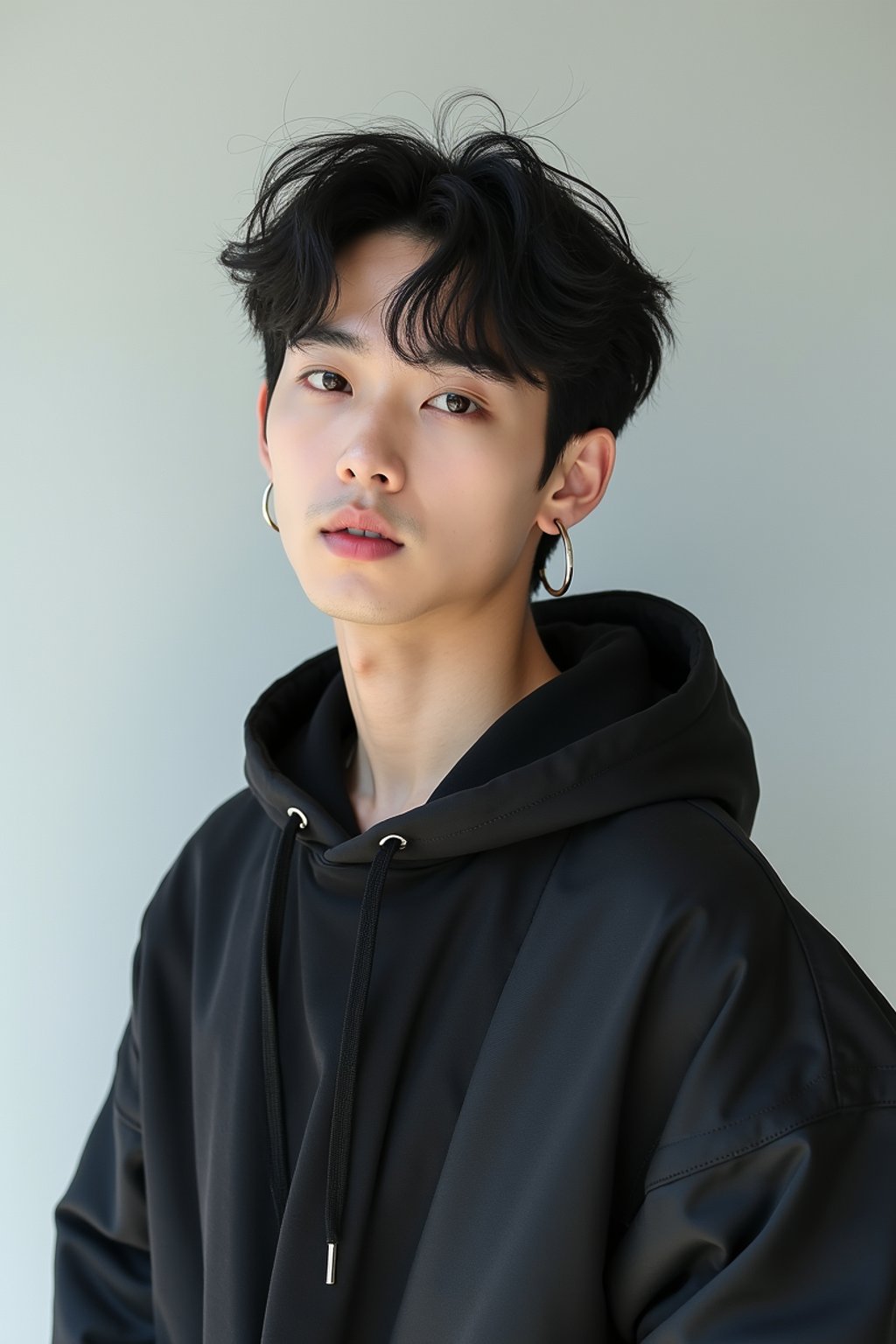 Korean man (with black hair) (as korean kpop k-pop idol) posing for photo, wearing Korean clothes, Korean fashion, Korean fashion, Korean makeup, (in front of solid background)